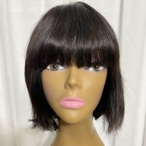 8 Inch Black Human Hair Bob Wig With Bangs Glue Less Non Lace Machine Made New